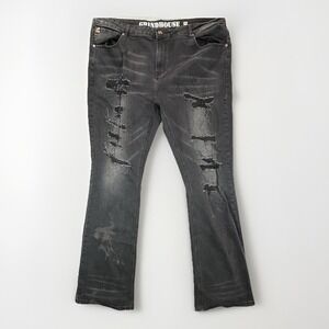 Grindhouse Mens Jeans 44x34 Faded Charcoal Distressed Tapered Floral Embroidered